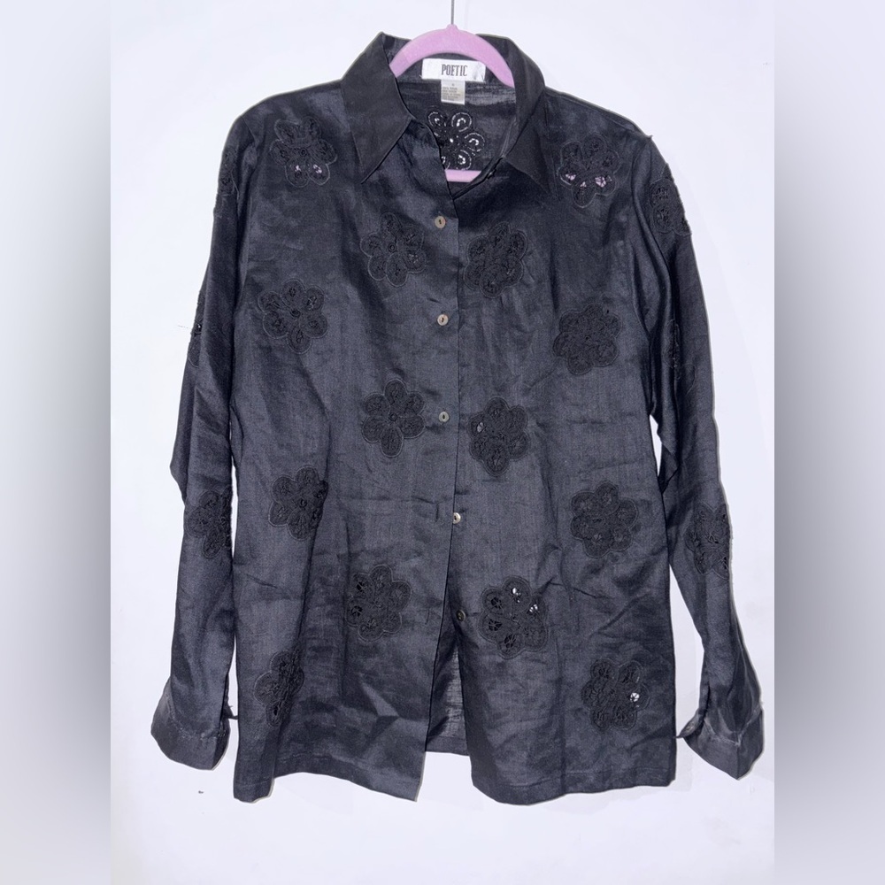 Black Eyelet Detail Button-Down Shirt